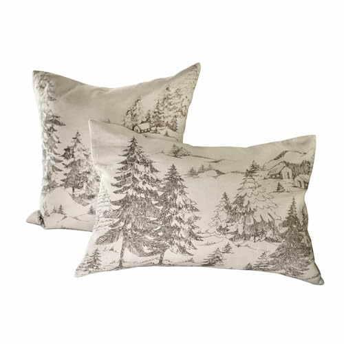 Loberon Kissenhülle 2er Set Fabrielle, Zwei Formen, Traumhaftes Landschaftsmotiv, Sanfte Haptik, Kissenbezüge, Wohn-Accessoire, Leinen, Baumwolle, weiß/grau