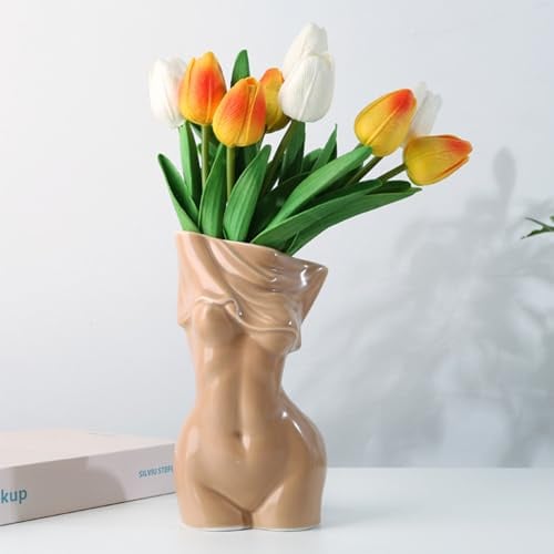 Keramik-Körpervase Torso weiblich - Geschwungene Moderne Blumenvase (po vase/Popo vase) für Wohnzimmer Deko, Schlafzimmer, Homeoffice & Vanity Room, 18,5 x 10 cm (Hellbraun)