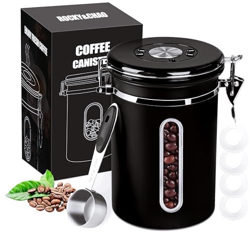 1800ML Coffee Canister with Window, Airtight Stainless Steel Kitchen Food Storage Container, Date Tracker and Scoop for Grounds Coffee Bar Accessories, Beans, Tea, Flour, Cereal, Sugar, 22OZ, Black