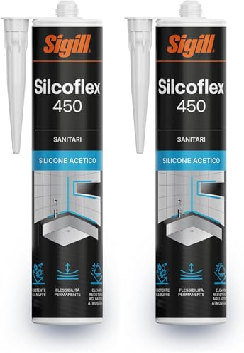 SIGILL, Silcoflex 450, Sigillante Siliconico Acetico Bianco, Ideato per Applicazioni su Vetro, Ceramica e Alluminio, Resistente a Muffe ed Agenti Atmosferici, non Verniciabile, 280 ml