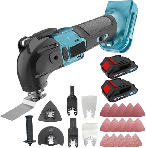 Cordless Multifunctional Tool, Compatible with Makita 18 V, with 2x3000mAh BatteryBrushless Oscillating Tool with 22 Accessories 6 Speed Setting, 4° Oscillation Angle, for Cutting, Carving, Drilling