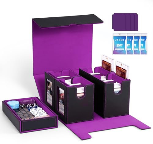 UAONO card deck box für MTG Commander Deck, 5 in 1 Kartenaufbewahrungsbox mit Display für über 400 doppelseitig gesleevte Karten, Deckhülle für MTG/PTCG/Yugioh/TCG mit Würfelfach (Schwarz Lila)