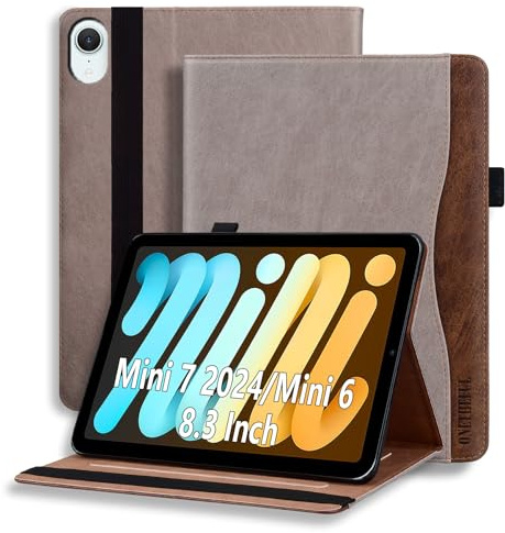 ONETHEFUL Funda for iPad Mini(A17 Pro 2024 Model 7th Generation)/Mini 6 (2021 Model 6th Generation) PU Leather Folio Tablet Cover Case with Pencil Holder & Pocket & Multiple Viewing Angles Caqui