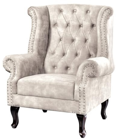 Riess Ambiente Design Ohrensessel Chesterfield - 105cm - Champagner beige - Samt Silber Ziernieten Polstersessel Lesesessel Knopfheftung Federung Rundum-Bezug