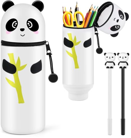 HGRGHH Federmäppchen aus Weichem Silikon, 2 in 1 Kawaii Schlampermäppchen, Weiche Stifte Mäppchen, Reißverschluss, Ständer up Stifteköcher, Stifthalter Bleistifttasche Mädchen Junge(Panda)