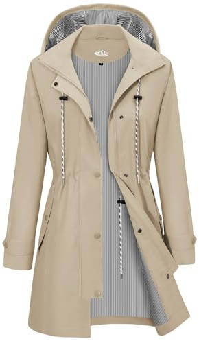 CMTOP Veste Imperméable Femme Longue Coupe Vent Parka Mi Saison Vêtements d'Extérieur Printemps Automne Manteau Cordon de Serrage Trench Légère et Pliable Veste de Pluie avec Capuche (Khaki, M)