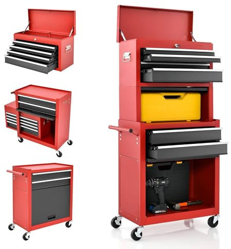 Armoire à outils verrouillable avec roulettes, tiroirs et poignée latérale amovible pour garage et atelier (noir + rouge)