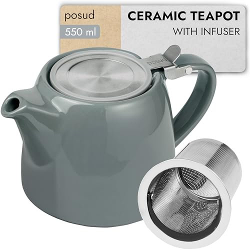 posud Teapot with Infuser – Ceramic Teapot with Strainer for 2 Cups – 550ml Small Tea Pot Infuser for Loose Tea – Stump Tea Pot with Filter for Two (Grey)