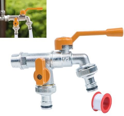 Double Garden Tap Hose Splitter, Brass Water Faucet Double Outlet Tap Ball Valve with Hose Connectors for Garden Household Industry