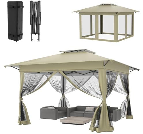 ACXIN 4x4m Faltpavillon Gartenpavillon Pop-Up Pavillon Khaki Höhenverstellbar Anti-Moskito Balkon Terrasse Outdoor Party Event Tragbar Faltbarer Pavillon für Garten Camping Picknick