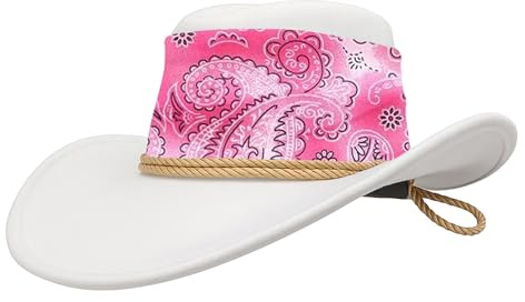 Komonee Cowboy Hat White Paisley Pink Sun Cap Faux Felt Leather Suede Fancy Dress Party Costume Cowgirl Outfit Western Travel Outdoor Sun Protection Mens Womens