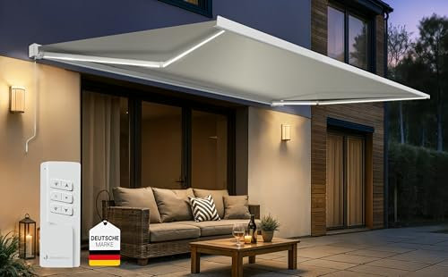 paramondo Elektrisch Kassettenmarkise Quadris mit LED Beleuchtung, Markise Gelenkarmmarkise Sonnenmarkise Sonnenschutz, mit jarolift Funkmotor & Funkhandsender, komplett vormontiert, 3,45 x 3 m