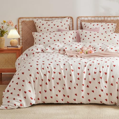 AShanlan Musselin Bettwäsche 135x200 Baumwolle Rot Herzen Bettwäsche-Sets | ÖKO-TEX Zertifiziert Musselin-Bettwäsche, 1 Bettbezug 135x200 und 1 Kissenbezug 80x80 cm, mit Reißverschluss