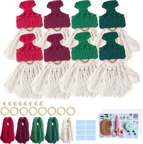 HENGLUO 8 Set DIY Makramee Weihnachtsmann, 4 Farben Makramee Wichtel, Christbaumschmuck Makramee Bastelset mit Anleitung, Makramee Set Anfänger für Home Dekoration