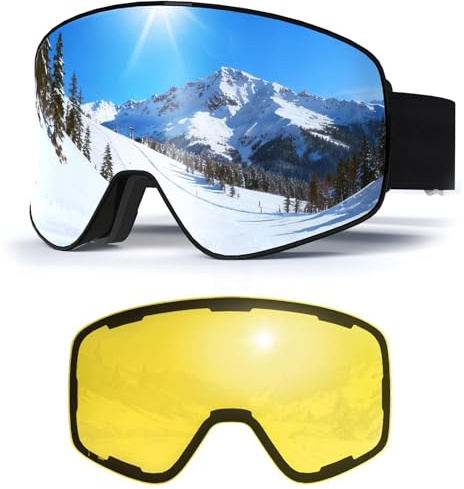 Skibrille Magnetisch OTG,Skibrille mit Wechselglas für Unisex UV-Schutz Anti-Nebel Vollständig Plattiertes REVO Verstellbarer Rutschfester Riemen,Snowboard Brille für Skifahren (01-Silber/Schwarz)