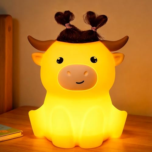 YuanDian Highland Cow Nachtlicht, Süßes Silikon Lampe, Wiederaufladbar, dimmbar mit Timer, Touch-Steuerung Nachttischlampe, hochlandrind Weihnachts geschenk für Kinder (Keine Zubehörteile enthalten)