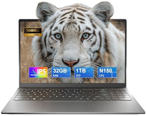 CYCLUS 2025 Pc Portatile Laptop 15,6 pollici, processore N150 (4C/4T, Boost 3,6 GHz), RAM 32 GB SSD 1 TB PC portatile Notebook, Twin Lake/8000 mAh/webcam/touchpad
