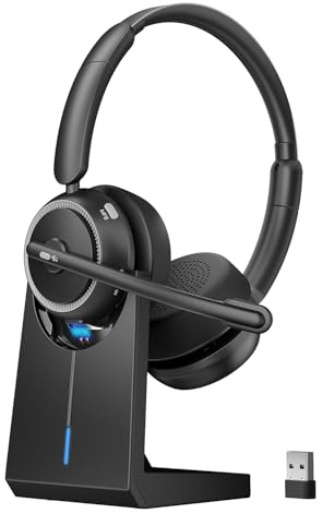 TSYMO Wireless Bluetooth Headset with Microphone, ANC/ENC Noise Canceling, Mic Mute, PC Headphone with USB Dongle & Charging Station for Android, Office, Laptop, Call Center, Phone