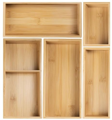 Acidea Lot de 5 organiseurs de tiroir en bambou multi-usages, séparateurs de tiroir et plateaux de rangement pour cuisine, salle de bain, bureau, maquillage, bijoux, ustensiles