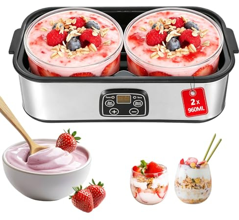 TECKZOON Yogurtiera 2L, Macchina per Yogurt con 2 Vasetti da 1L, Yogurtiera Digitale in Acciaio Inox, Yogurt Maker Automatico per Yogurt Fai da Te, Formaggio o Natto