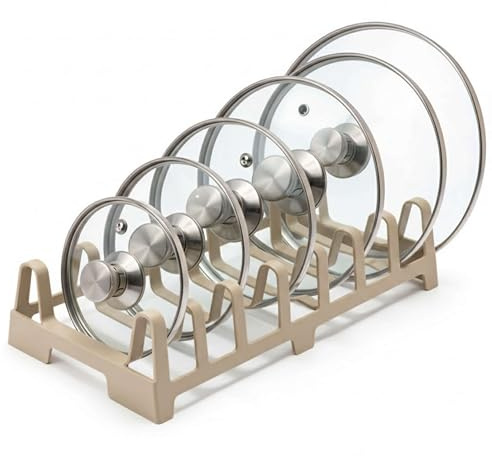 DIVCHI Pot Lid Holder Kitchen Organiser – 7 Slot Pan Lid Rack Plates & Chopping Boards, Compact Cupboard Storage Organiser (Beige)