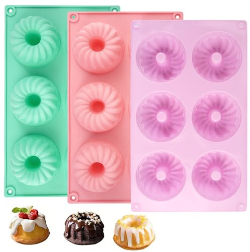 3 Stück Mini Gugelhupfform Silikon, Ø 7 cm Silikon Gugelhupfform Klein | Gugelhupf Backform Klein, Antihaftbeschichted, für Kuchen Dessert Schokolade Pudding Gelee Kekse Bagels Muffins Brownie