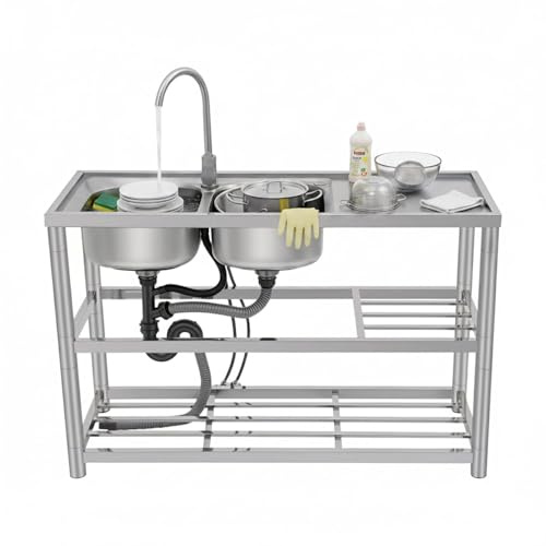 Lavello da cucina in acciaio inox con mobiletto inferiore e 2 vasche, autoportante, con rubinetto a 360° e ripiano, per giardino, garage e cucina, 120 x 45 x 80 cm, argento