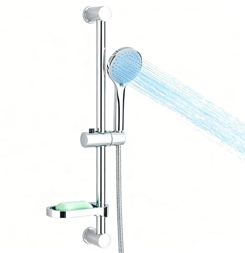 ROZIN Asta doccia in acciaio inox, 60 cm, cromata, con tubo flessibile e supporto, set con supporto per soffione doccia e doccetta a mano con 5 getti, soffione doccia con portasapone, supporto per