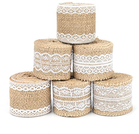 G2PLUS 12M Juteband mit Spitze, 5CM Vintage Basteln Jutebänder, Jute Spitze Dekoband für Hochzeit Geschenke Weihnachten Deko