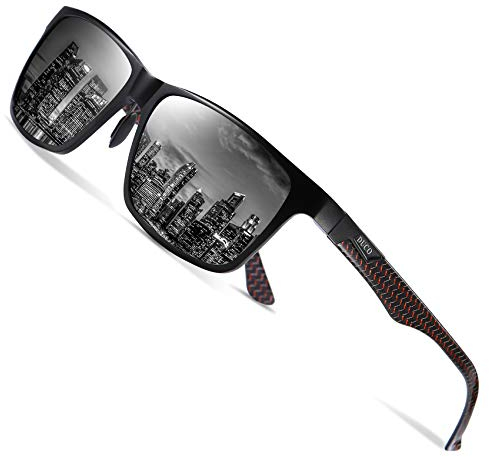 DUCO Herren Polarisierte Sonnenbrille mit Rechteckig Metallrahmen und Kohlefaser Brille Beine UV400 CAT 3 8206 (Rot Rahmen Schwarz Linse)