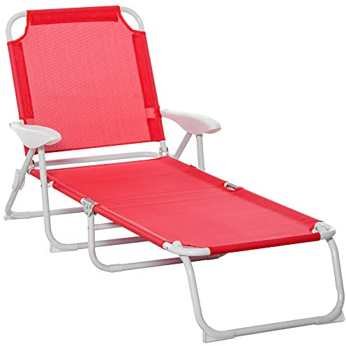 Outsunny Bain de Soleil Pliable - transat inclinable 4 Positions - Chaise Longue Grand Confort avec accoudoirs - métal époxy textilène - dim. 186L x 66l x 80H cm - Rouge