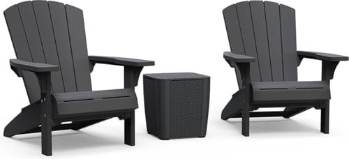 Keter Gartenlounge-Set - 2X Troy Adirondack Gartenstuhl mit Luzon Beistelltisch, Wetterfest, Holzoptik, Graphit, 85x80x96,5cm