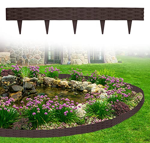 VA-Cerulean Kunststoff Rasenkante,5M Rattan-Optik Beeteinfassung,Beetumrandung Palisade,Gartenpalisade,Beetzaun,Randsteine,Braun,1 Element (L x H): 100 x 20cm,5 Stück