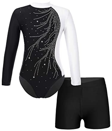 FEESHOW Kinder Gymnastikanzug Mädchen Gymnastik Body Gymnastik Shorts Set Ballett Turntrikot Athletic Wettkampf Tanzoutfit Weiß 134-140/9-10 Jahre