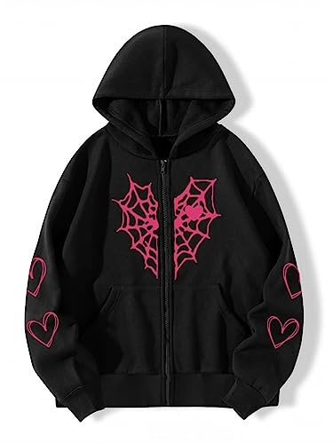 Y2K Gothic Spinnennetz Herzförmiger Druck Kapuzenpullover Punk Reißverschluss Jacke Mantel Harajuku Lose Oversized Streetwear