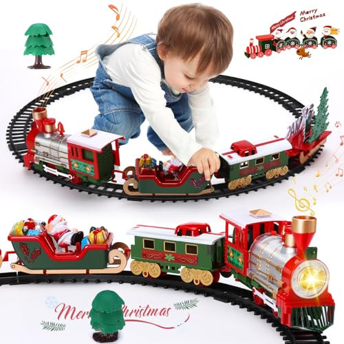 Bestcool Weihnachtszug um den Baum, 20 STK Eisenbahn Kinder Spielzeugeisenbahn mit Scheinwerfer und Realistischen Sounds, Batteriebetrieben Elektrische Eisenbahn Weihnachtsdeko Geschenke für Kinder