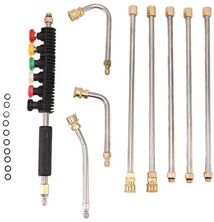 Bacchetta di Prolunga per Lancia Idropulitrice, 5 Aste Diritte + 3 Aste Curve da 30° 90° 120°, Attacco Rapido da 1/4 4000PSI, con 6 Ugelli, Kit da 9 Strumenti di Pulizia per Grondaie