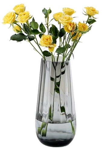 JAKY-Global Glas Vase Modern Groß, Konische Gerippte Blumenvase 25,0cm Hoch Glasvase Heimdekoration Tischdeko für Büro Wohnzimmer Hochzeiten Party Events(Grau)