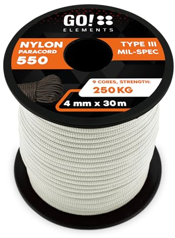GO!elements 30m Paracord Seil aus reißfester Nylonschnur - 4mm Paracord 550 Typ III Schnur - geeignet als Allzweckseil & Reepschnur - Max. 250kg, Farbe: Weiß