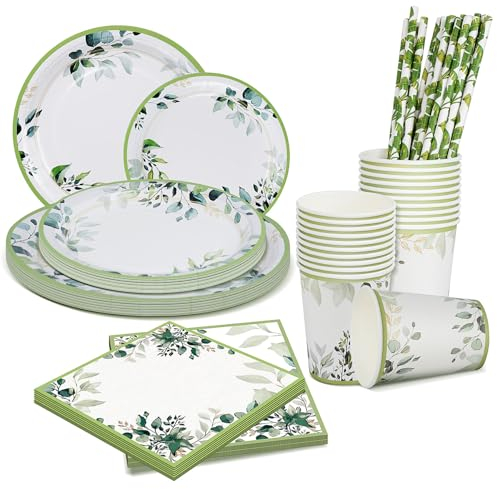 MEYDLL Juego de 100 vajilla de fiesta, platos de papel para cumpleaños en verde, platos de papel para cumpleaños infantiles con hojas verdes, juego de vajilla para fiestas de cumpleaños, bodas,