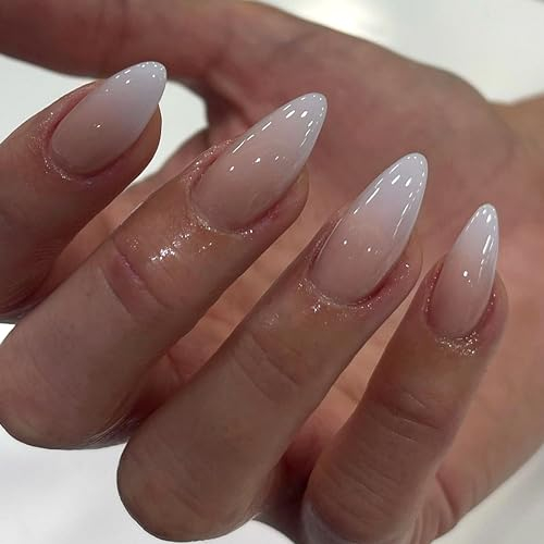 MrCuvaryas Press on Nails Künstliche Nägel kurz, Weißes French-Nail-Design mit Farbverlauf, Fingernägel zum Aufkleben Acryl Full Cover für Frauen und Mädchen Nail Art (Nude Almond, 12 Größen)