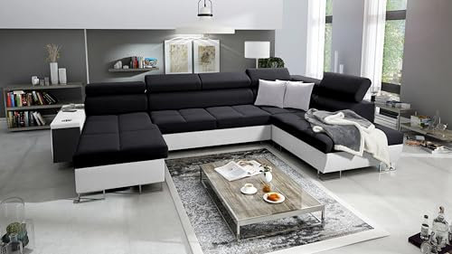 All4All Ecksofa mit Schlaffunktion Margo VI 360x221 cm - Schlafsofa mit Bettkasten - Wohnlandschaft in U-Form - XXL Sofa - Seite Links - Gewebe mit Kunstleder - Schwarz/Weiß - Modern 26