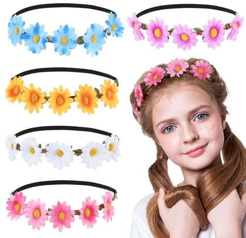JJUNW Gänseblümchen-Blumen-Stirnband, 5 Stück Stirnband Blumen, Blumenkranz Haarband Modische Blumen Haarschmuck Blumenkrone Girlande mit Elastischem Band für Damen Mädchen Festival Hochzeit Party
