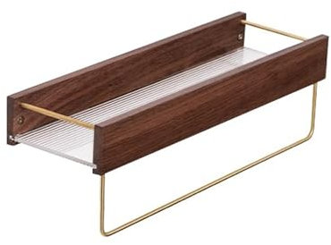 lyxamjrzyp Tablette Salle de Bain, Rangement Mural Salle de Bain Sans Perçage, Étagère D'angle Flottante en Bois de Noyer avec Porte-serviettes(40cm/15.7in)