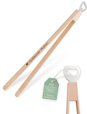 Abenteuernah Grillzange mit Holzgriff, personalisiertes Vatertagsgeschenk | Lustiges Grillbesteck für Opa und Papa, Grillset mit Gravur für Männer, Holz Fleischzange groß, Geschenk