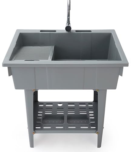Lavandini da Esterno Terrazzo,Mobile Lavatoio da Esterno,Lavandino in Plastica,Portatile Lavabo da Giardino,Lavello da Cucina Autoportante con Rubinetto,Asse di Lavaggio,per Garage,Campeggio(Gray)