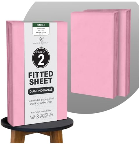 GC GAVENO CAVAILIA Plain Dyed Deluxe Single Fitted Sheet 2 Pack, Breathable, Lightweight, Single Bed Sheets 25 cm, Non Iron Extra Deep Fitted Sheet Single Bed, Pink