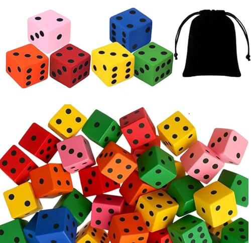 25 Stück Schaumstoffwürfel Set, Flüsterwürfel in Leuchtfarben, Schaumstoff Würfel mit Beutel, Lernspielzeug aus Würfel Schaumstoff für Kindergarten & Familienspiele
