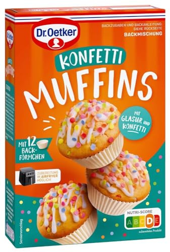 Dr. Oetker Konfetti Muffins, 6er Pack Muffin-Backmischung für kunterbunten Muffins inklusive Muffin Papierbackförmchen, 6 x 360g Teigmischung mit Zuckerkonfetti und Glasur