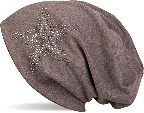 styleBREAKER Damen Beanie Mütze mit Strass Nieten Stern und Schmucksteine Silber-anthrazit, Slouch Longbeanie 04024087, Farbe:Braun meliert